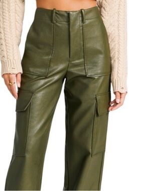 WAYF Olive Faux Leather High Waist Wide Straight Leg Cargo Pants XS (run big)